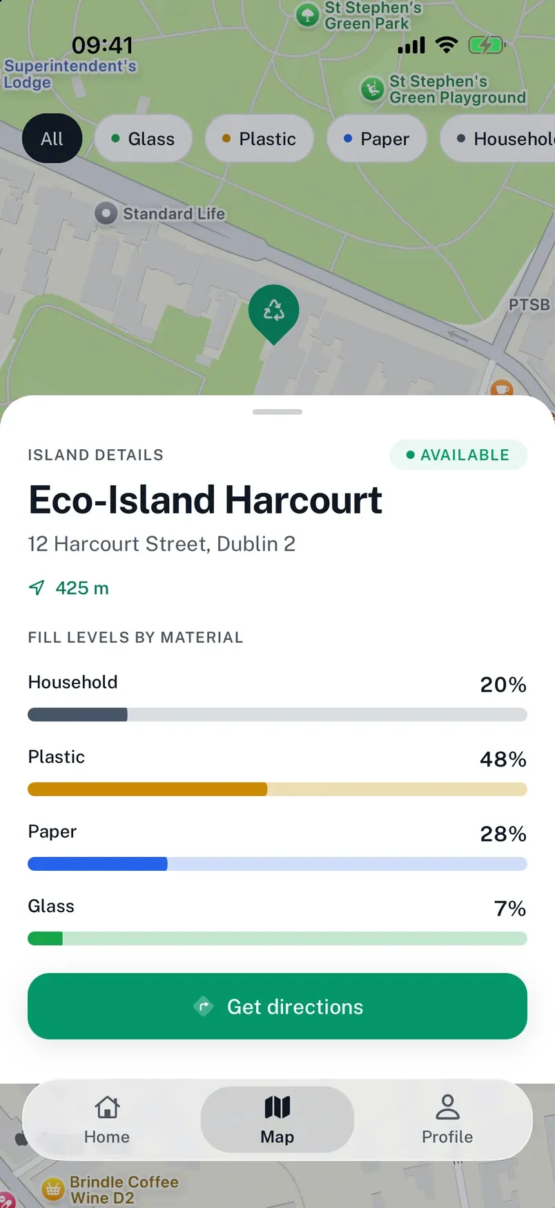 Map of Eco-Islands in central Dublin with Eco-Island Harcourt open: 425 m away and the fill level of each waste type